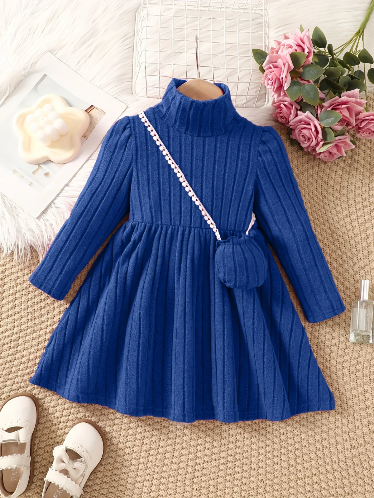Girls' dress with soft texture fabric, high neck dress, small bag accessories, long sleeved dress, worn by 4-7 years old - Image 2