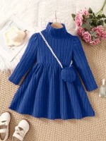 Girls' dress with soft texture fabric, high neck dress, small bag accessories, long sleeved dress, worn by 4-7 years old - Image 2