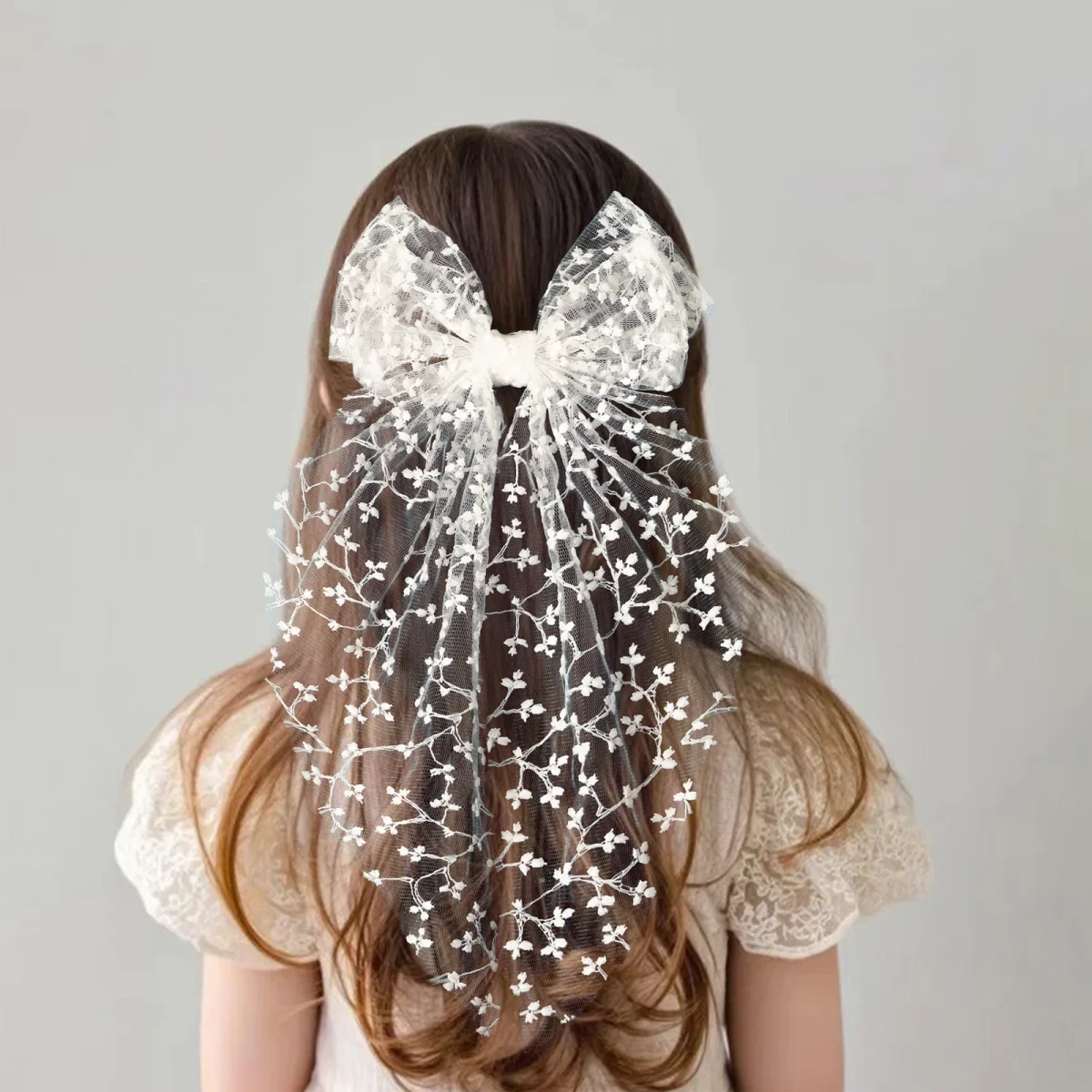 1pc Girls Wedding Decor Embroidery Lace Bow Long Tail Hair Accessory Kids Party Wear Hair Clip Teenage Fahion Ponytail Barrettes - Image 2