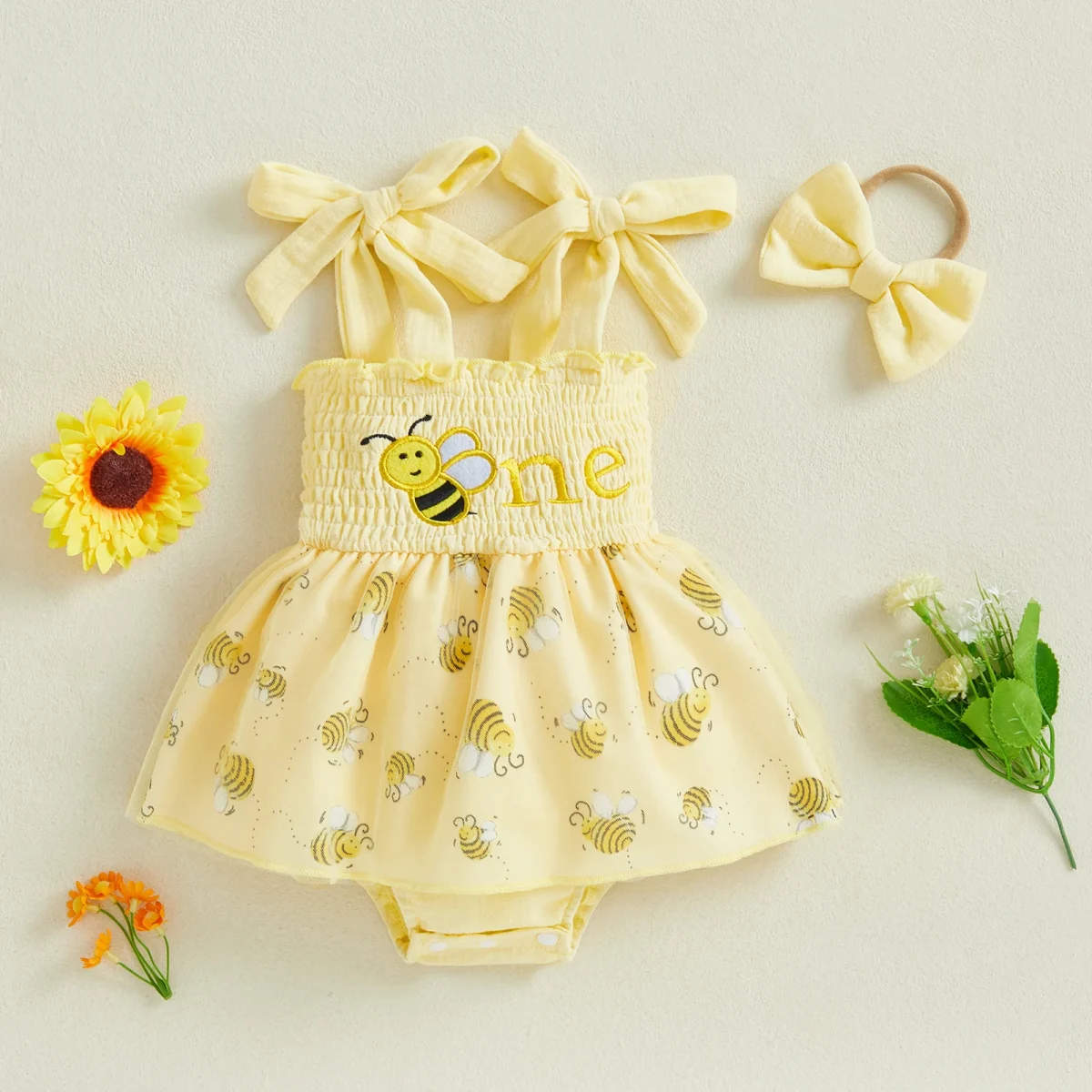 Baby Girls Birthday Clothes Letter Embroidery Skirt Hem Tie-Up Shoulder Straps Bodysuits with Headband - Image 1