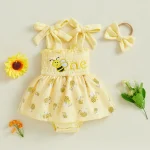 Baby Girls Birthday Clothes Letter Embroidery Skirt Hem Tie-Up Shoulder Straps Bodysuits with Headband