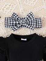 2PCS In Autumn, Baby Girls Aged 0-1 Years Old Have Comfortable Sweet And Cute Black Top + Houndstooth Skirt + Hair Band - Image 6