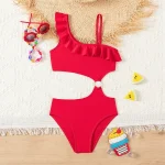 Bikini Girls Kids Swimsuits One Shoulder Ruffles Swimwear Solid Color Backless Bathing Suit