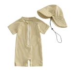 MISOWMNJOY Baby Girl Boy Swimsuit Summer New Stripe Print Kids Beachwear Short Sleeve Half Zipper Rash Guard Swimwear Sunhat Set - Image 8