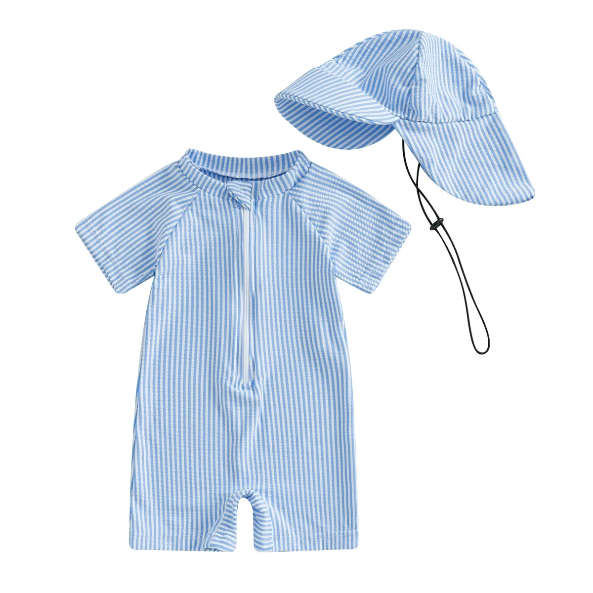 MISOWMNJOY Baby Girl Boy Swimsuit Summer New Stripe Print Kids Beachwear Short Sleeve Half Zipper Rash Guard Swimwear Sunhat Set - Image 7