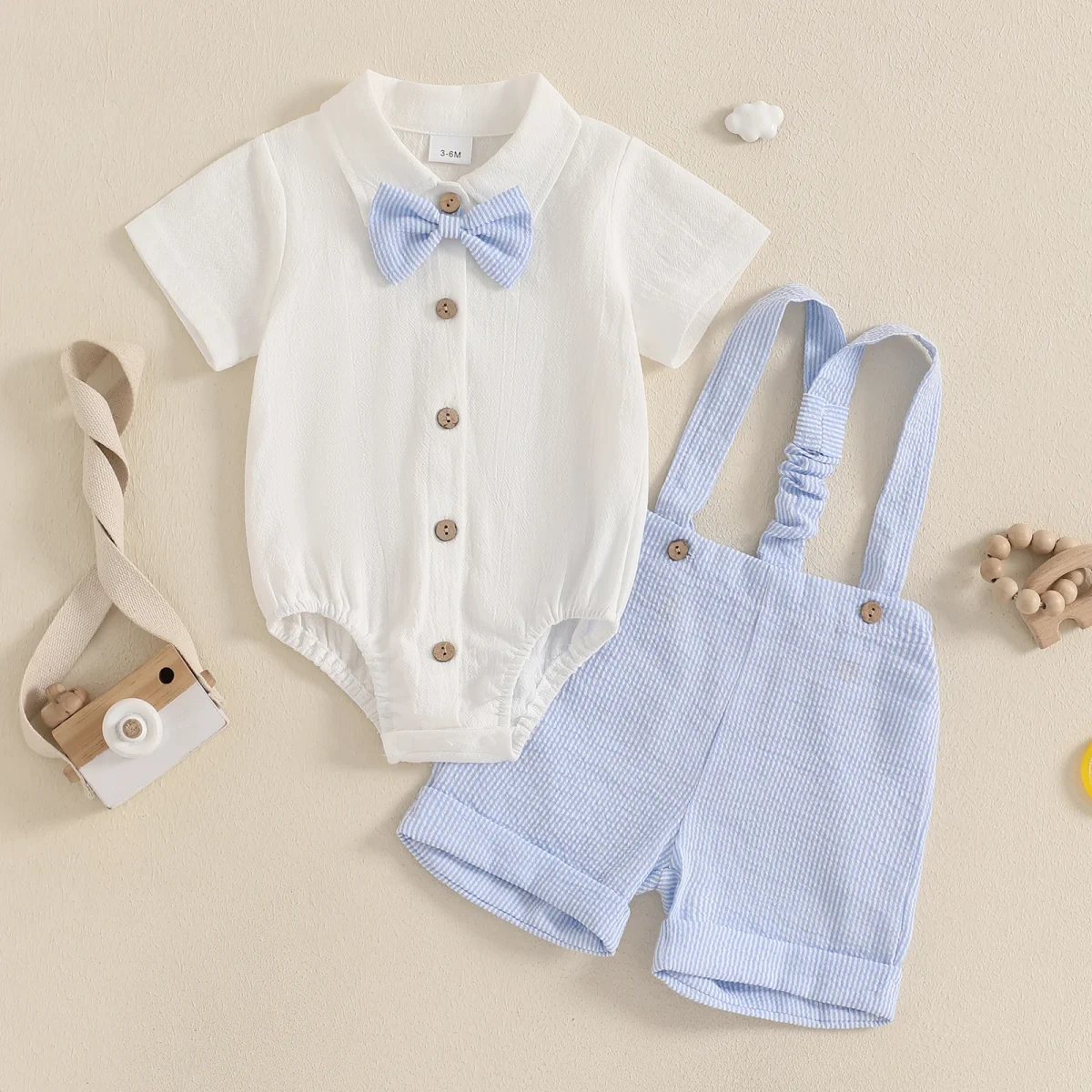 Baby Boy Gentleman Outfit Solid Color Short Sleeve Lapel Neck Romper with Stripe Suspender Shorts Bowtie Boys Summer Clothes - Image 6