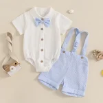 Baby Boy Gentleman Outfit Solid Color Short Sleeve Lapel Neck Romper with Stripe Suspender Shorts Bowtie Boys Summer Clothes - Image 6