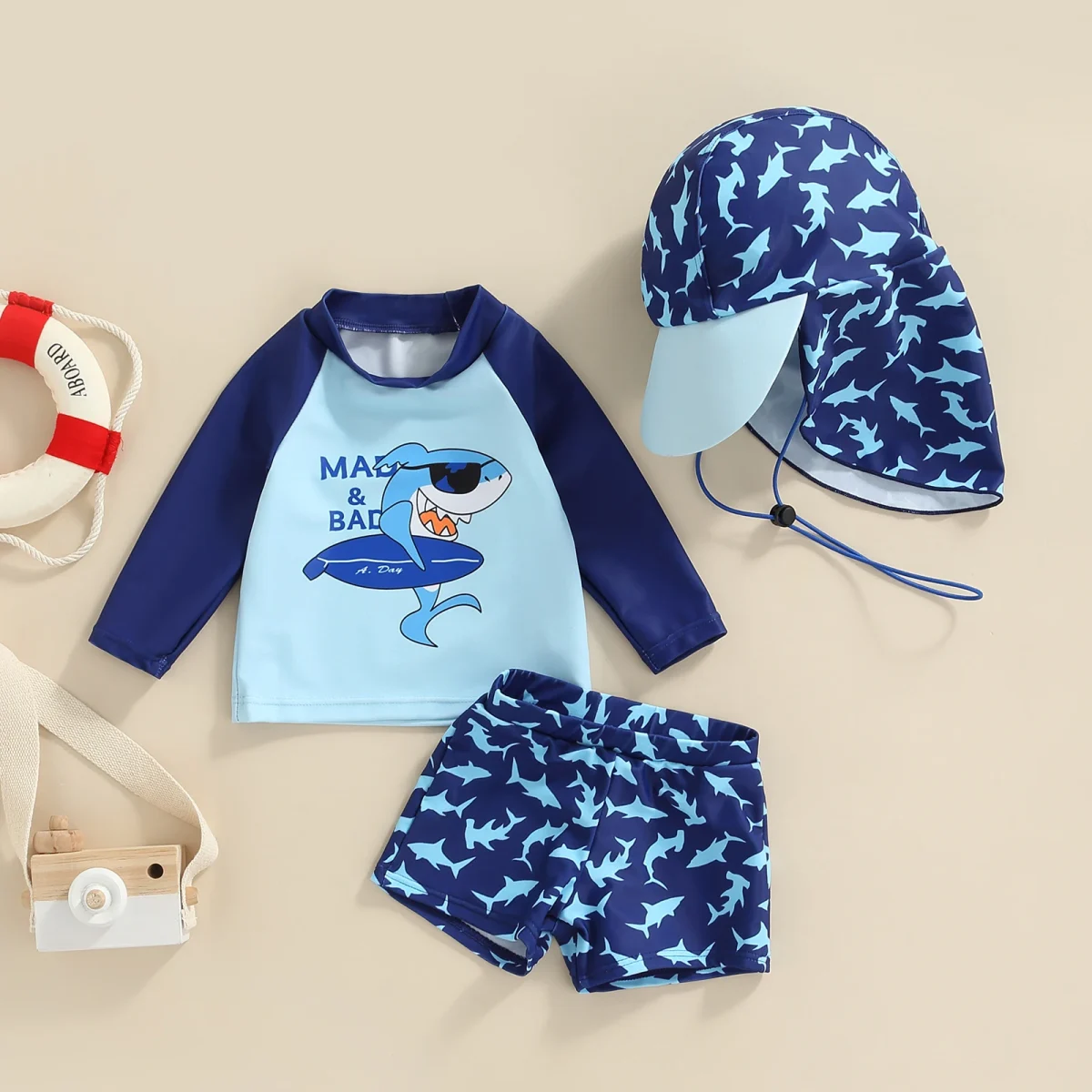 Citgeett Summer Kid Boy Swimsuit Cartoon Striped Print Beach Long Sleeve Tops + Shorts + Hat Clothes - Image 2