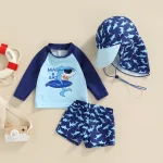 Citgeett Summer Kid Boy Swimsuit Cartoon Striped Print Beach Long Sleeve Tops + Shorts + Hat Clothes - Image 2