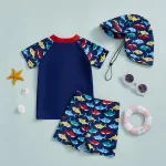 Lioraitiin Toddler Baby Boy Swimsuit Set Shark Print Short Sleeve Rash Guard Swim Tops Shorts Sun Hat 3Pcs Bathing Suit Outfit - Image 4