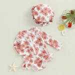 Baby Girls Swimsuit Long Sleeve Flower Print Zipped Bikini with Hat Newborn Swimwear for Summer Kids Bathing Suits - Image 3