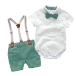 0-3Y Newborn Baby Boy Gentleman Outfits Short Sleeve Shirts Romper Overalls Shorts Infant Summer Boys Clothes Formal Suits 2Pcs - Image 2