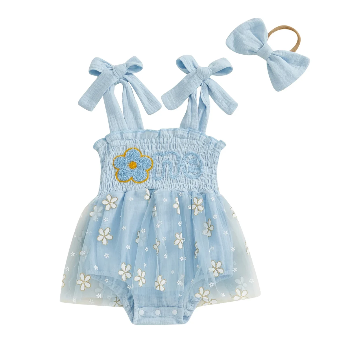 Baby Girls Birthday Clothes Letter Embroidery Skirt Hem Tie-Up Shoulder Straps Bodysuits with Headband - Image 12