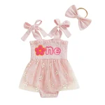 Baby Girls Birthday Clothes Letter Embroidery Skirt Hem Tie-Up Shoulder Straps Bodysuits with Headband - Image 10