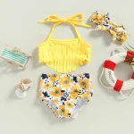 Toddler Girls 3 Piece Swimsuits Solid Color Tassel Tops Strawberry/Flower Print Shorts Headband Split Bathing Suit Swimwear Set - Image 2