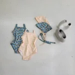 Baby Girl Swimsuit For 0-3Years Infant Kids Sleeveless Strap Flower Swimwear with Hat 2PCS Beachwear Bathing Suit - Image 2
