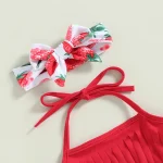 Toddler Girls 3 Piece Swimsuits Solid Color Tassel Tops Strawberry/Flower Print Shorts Headband Split Bathing Suit Swimwear Set - Image 5