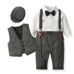 Newborn Boy Formal Clothes Set Infant Boy Gentleman Birthday Romper Outfit With Hat Vest Long Sleeve Infant Jumpsuit Suit Formal - Image 8