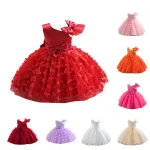 Toddler Baby Girls Clothes Elegant Bow Tulle Dress Summer Kids Princess Party Birthday Dress Butterfly Solid Mesh Dress - Image 2