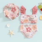 Toddler Baby Girls Summer Swimsuit Floral Print Fly Sleeve Tankini Tops Swim Shorts Swim Cap 3 Pieces Bathing Suit Beach Bikini