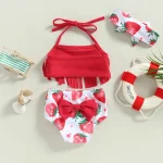 Toddler Girls 3 Piece Swimsuits Solid Color Tassel Tops Strawberry/Flower Print Shorts Headband Split Bathing Suit Swimwear Set - Image 4