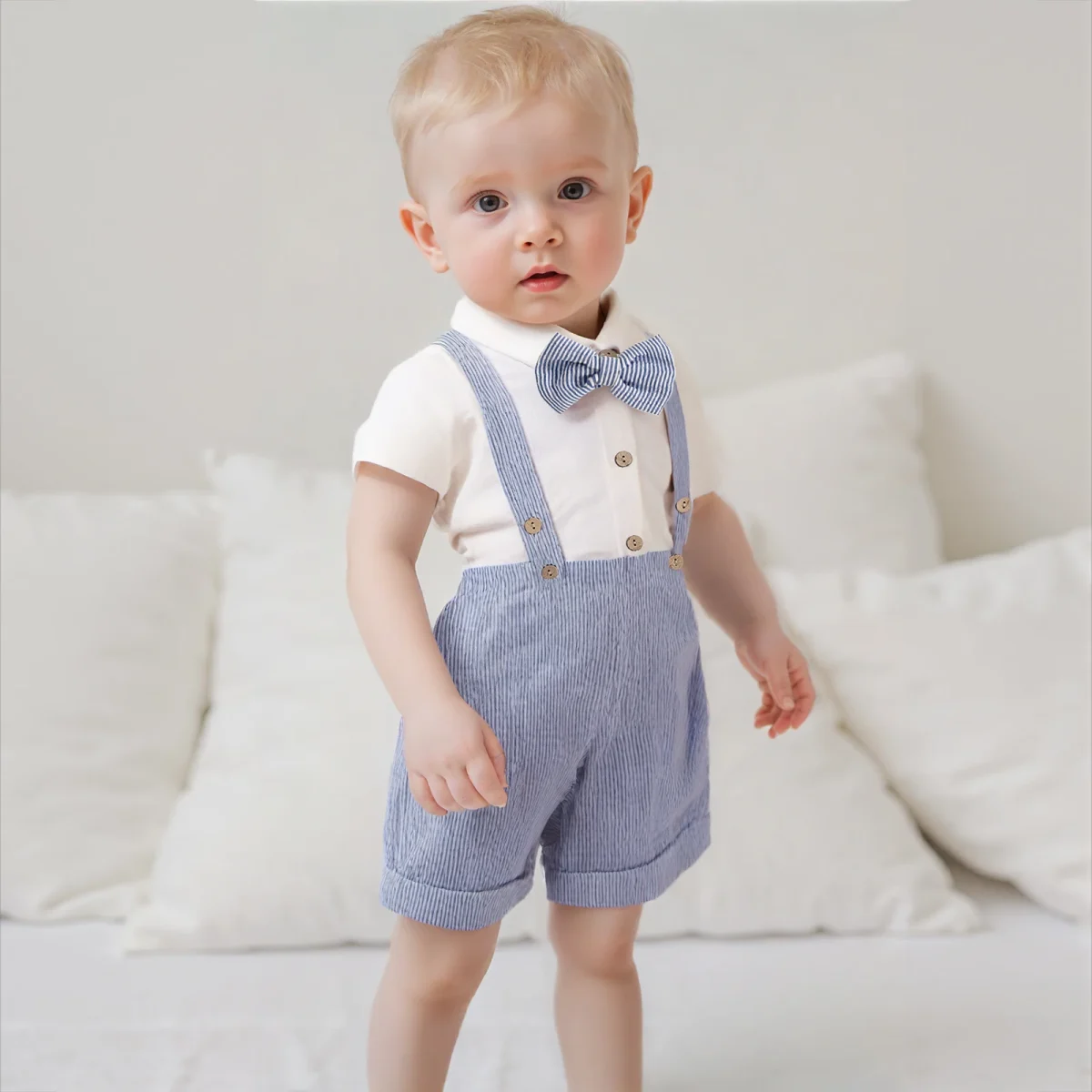 Baby Boy Gentleman Outfit Solid Color Short Sleeve Lapel Neck Romper with Stripe Suspender Shorts Bowtie Boys Summer Clothes - Image 4