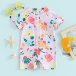 Toddler Girls Rash Guard Swimsuit Rompers Zipper Short Sleeve Floral Print Kids Bathing Suit Baby Swimwear - Image 2