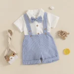 Baby Boy Gentleman Outfit Solid Color Short Sleeve Lapel Neck Romper with Stripe Suspender Shorts Bowtie Boys Summer Clothes - Image 7