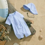 MISOWMNJOY Baby Girl Boy Swimsuit Summer New Stripe Print Kids Beachwear Short Sleeve Half Zipper Rash Guard Swimwear Sunhat Set - Image 2