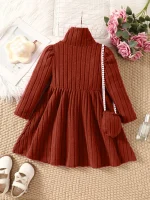 Girls' dress with soft texture fabric, high neck dress, small bag accessories, long sleeved dress, worn by 4-7 years old - Image 5