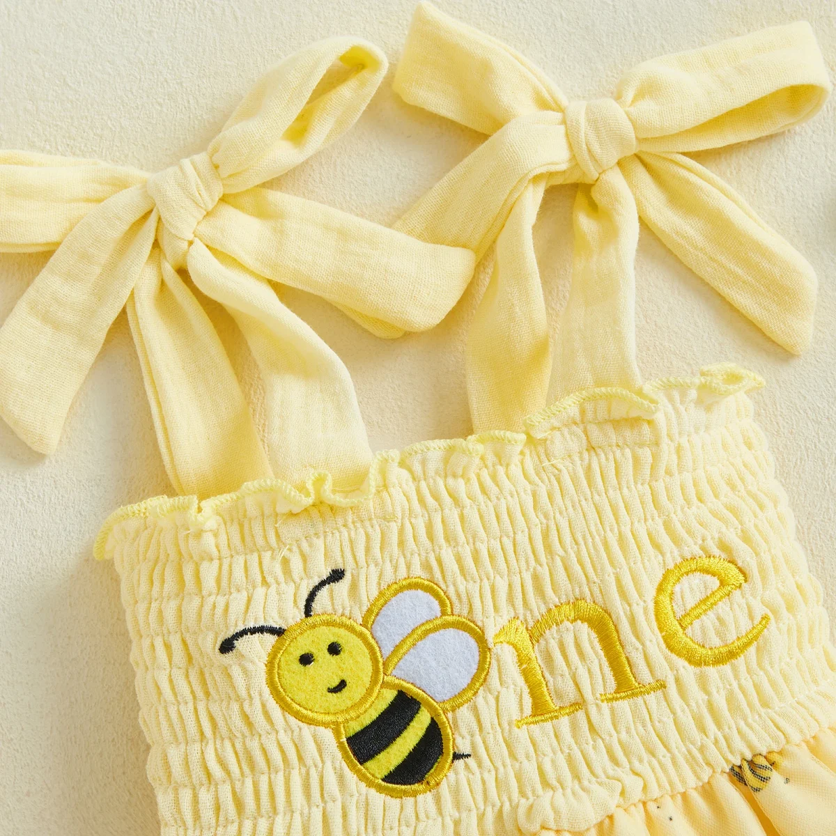Baby Girls Birthday Clothes Letter Embroidery Skirt Hem Tie-Up Shoulder Straps Bodysuits with Headband - Image 3