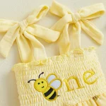 Baby Girls Birthday Clothes Letter Embroidery Skirt Hem Tie-Up Shoulder Straps Bodysuits with Headband - Image 3