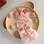 3 Pcs Baby Girl Accessories Set: 1 Socks, 2 Bow Headbands with Gift Box, Holiday Party Gift Box, Ideal Newborn Remembrance Gift - Image 5