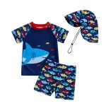 Lioraitiin Toddler Baby Boy Swimsuit Set Shark Print Short Sleeve Rash Guard Swim Tops Shorts Sun Hat 3Pcs Bathing Suit Outfit - Image 7