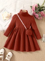 Girls' dress with soft texture fabric, high neck dress, small bag accessories, long sleeved dress, worn by 4-7 years old - Image 3