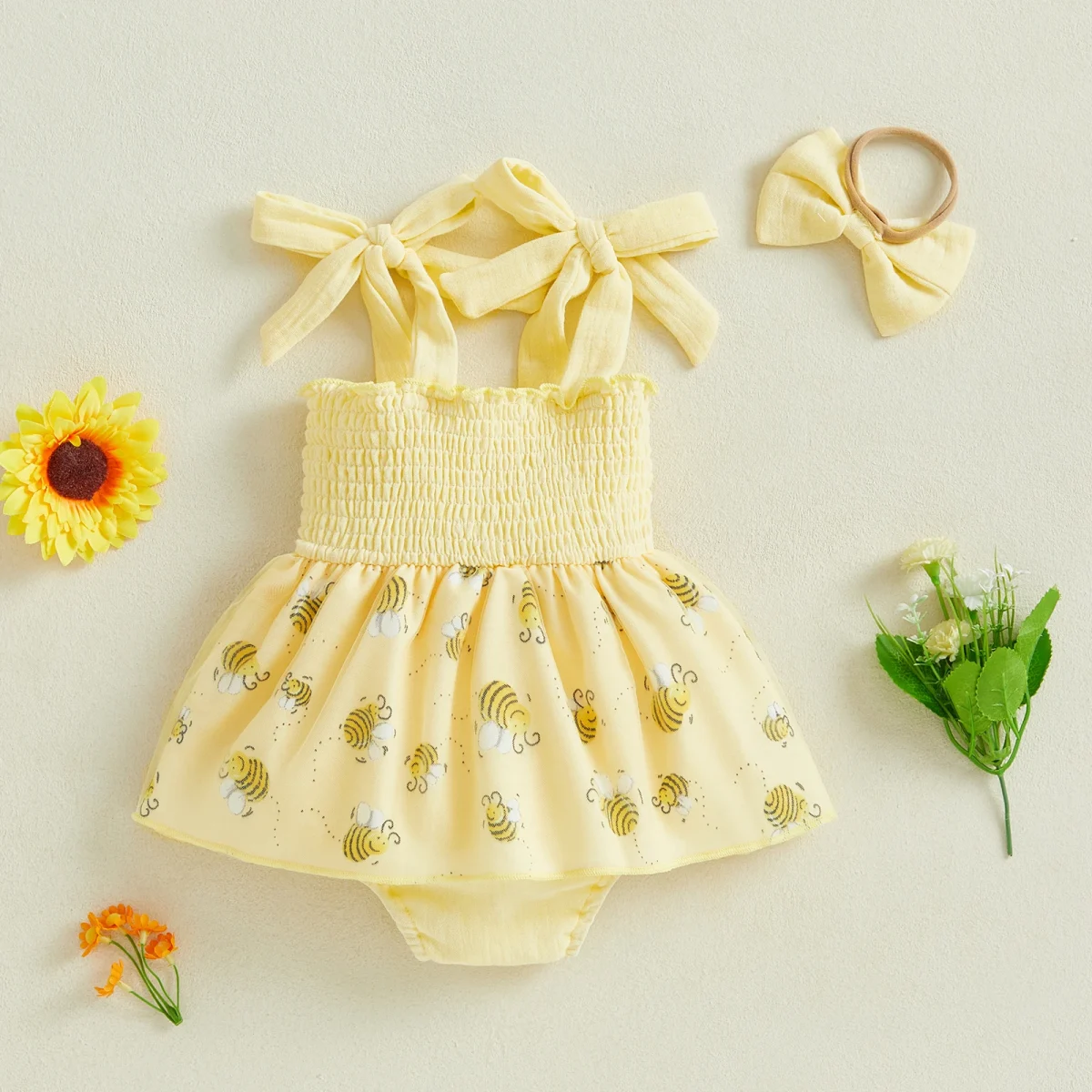 Baby Girls Birthday Clothes Letter Embroidery Skirt Hem Tie-Up Shoulder Straps Bodysuits with Headband - Image 6