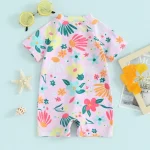 Toddler Girls Rash Guard Swimsuit Rompers Zipper Short Sleeve Floral Print Kids Bathing Suit Baby Swimwear - Image 3