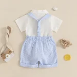 Baby Boy Gentleman Outfit Solid Color Short Sleeve Lapel Neck Romper with Stripe Suspender Shorts Bowtie Boys Summer Clothes - Image 3
