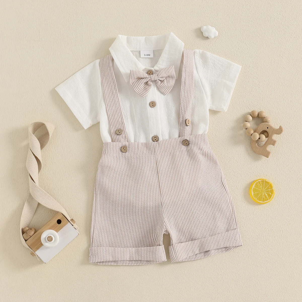 Baby Boy Gentleman Outfit Solid Color Short Sleeve Lapel Neck Romper with Stripe Suspender Shorts Bowtie Boys Summer Clothes - Image 8