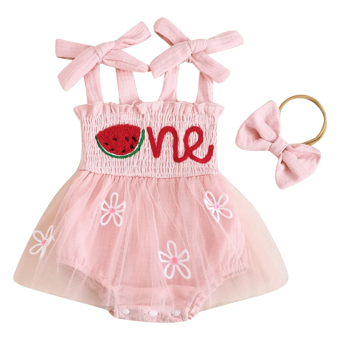 Baby Girls Birthday Clothes Letter Embroidery Skirt Hem Tie-Up Shoulder Straps Bodysuits with Headband - Image 9