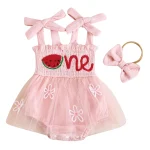 Baby Girls Birthday Clothes Letter Embroidery Skirt Hem Tie-Up Shoulder Straps Bodysuits with Headband - Image 9