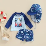 Citgeett Summer Kid Boy Swimsuit Cartoon Striped Print Beach Long Sleeve Tops + Shorts + Hat Clothes - Image 5
