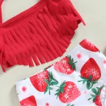 Toddler Girls 3 Piece Swimsuits Solid Color Tassel Tops Strawberry/Flower Print Shorts Headband Split Bathing Suit Swimwear Set - Image 6