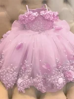 Baby Girls Dresses Off Shoulder Pearls Lace Butterflies Flower Girl Dress Infant First Birthday Party Gown - Image 5