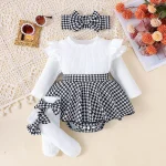 2PCS In Autumn, Baby Girls Aged 0-1 Years Old Have Comfortable Sweet And Cute Black Top + Houndstooth Skirt + Hair Band - Image 7