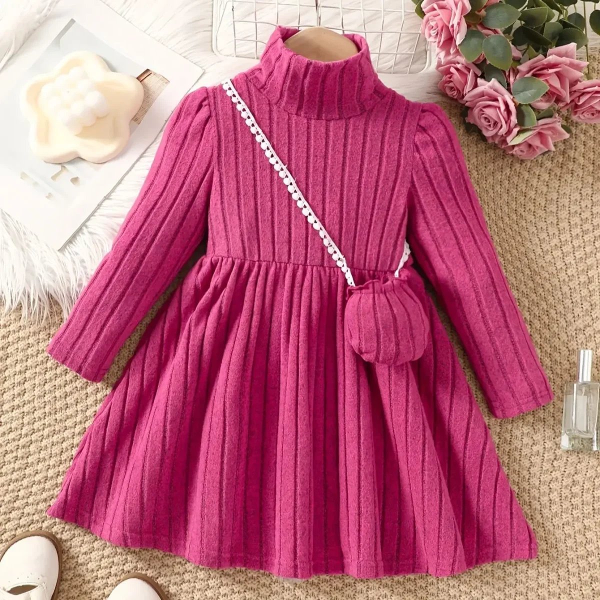 Girls' dress with soft texture fabric, high neck dress, small bag accessories, long sleeved dress, worn by 4-7 years old - Image 7