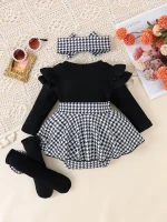2PCS In Autumn, Baby Girls Aged 0-1 Years Old Have Comfortable Sweet And Cute Black Top + Houndstooth Skirt + Hair Band - Image 2
