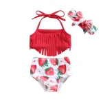 Toddler Girls 3 Piece Swimsuits Solid Color Tassel Tops Strawberry/Flower Print Shorts Headband Split Bathing Suit Swimwear Set - Image 8