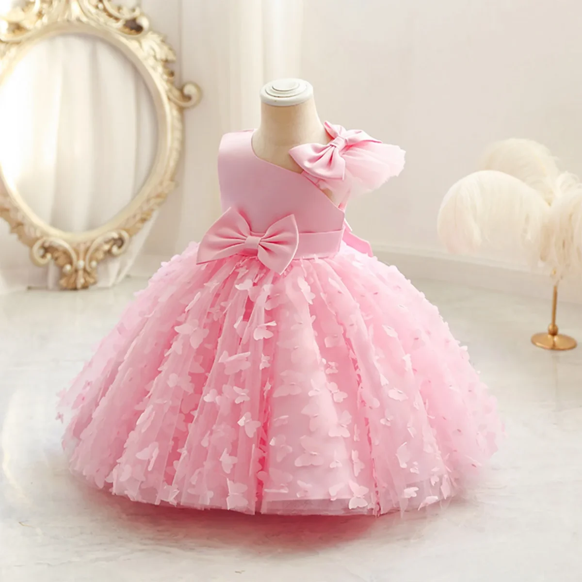Toddler Baby Girls Clothes Elegant Bow Tulle Dress Summer Kids Princess Party Birthday Dress Butterfly Solid Mesh Dress - Image 1