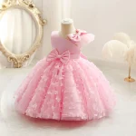 Toddler Baby Girls Clothes Elegant Bow Tulle Dress Summer Kids Princess Party Birthday Dress Butterfly Solid Mesh Dress